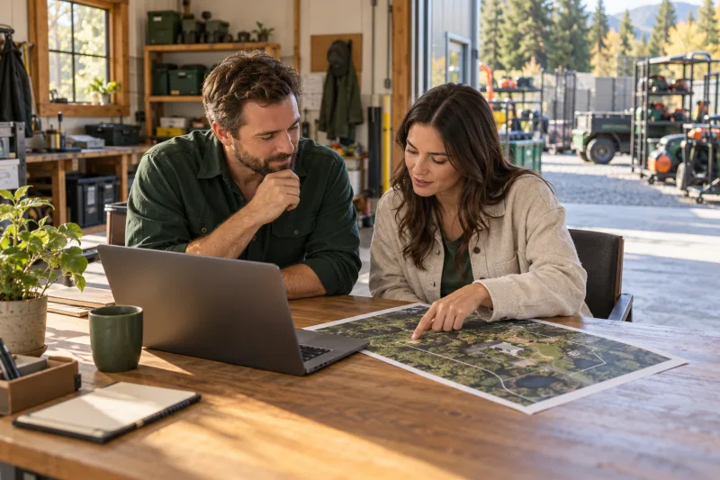 A business owner and setup specialist reviewing a property plan together at a workshop office.