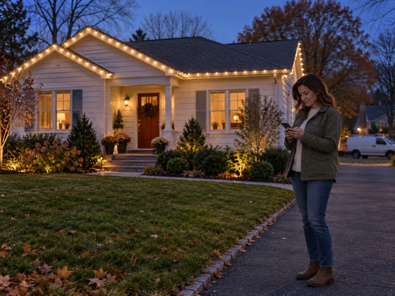 A homeowner beside a lit bungalow looking at her phone; an illustrative direct-booking scene.