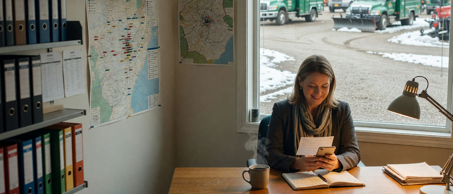 An office manager at a lawn and snow company shop desk in the early morning, smiling as she reads a draft reply on her phone, a coffee mug and an open planner on the desk and plow trucks in the snowy yard outside the window.