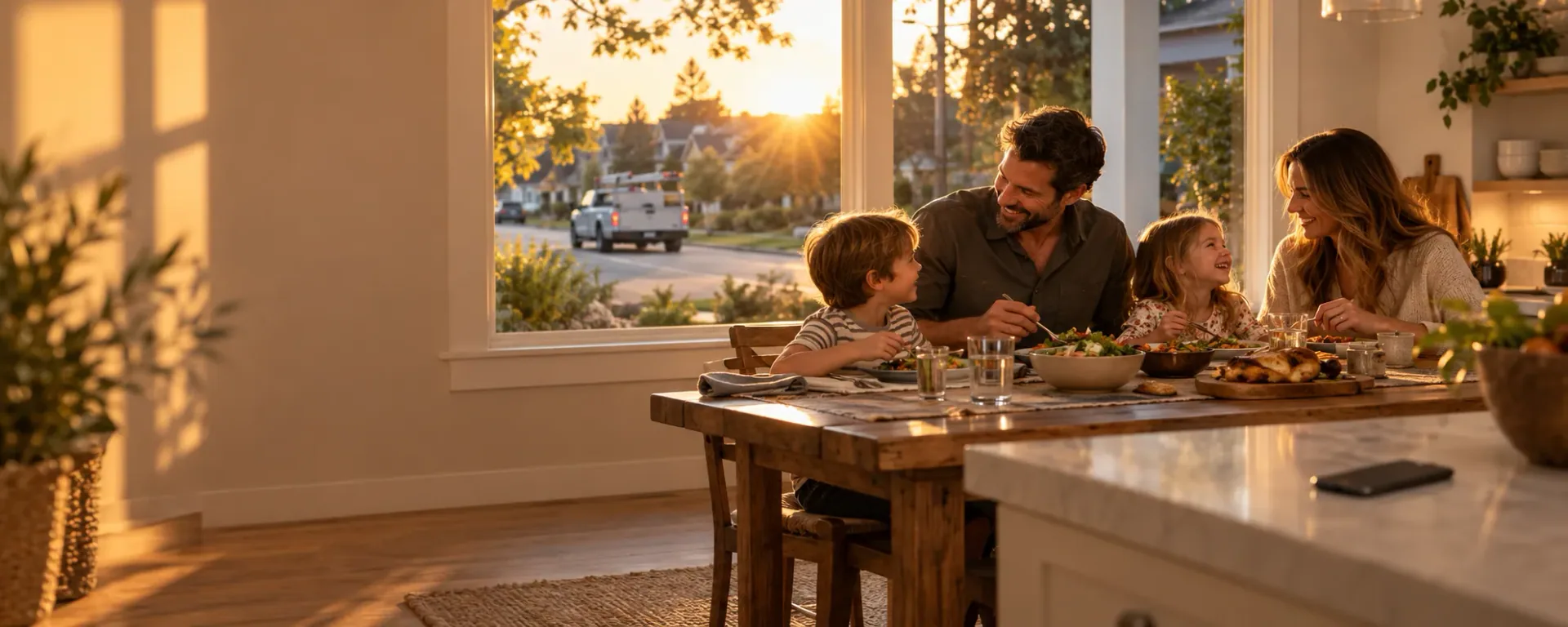A business owner eating dinner with his wife and two children at the kitchen table at golden hour, his phone face-down on the counter, a crew truck pulling away outside the window.