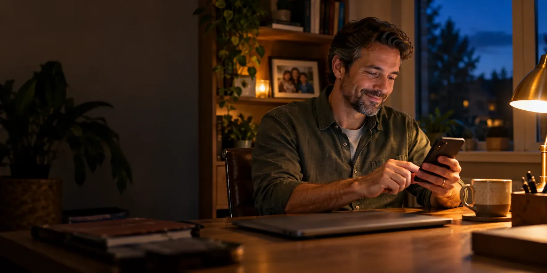 A small business owner at a desk in his home office in the evening, paying a bill on his phone with a relaxed expression, a lamp glowing and a framed family photo on the shelf.