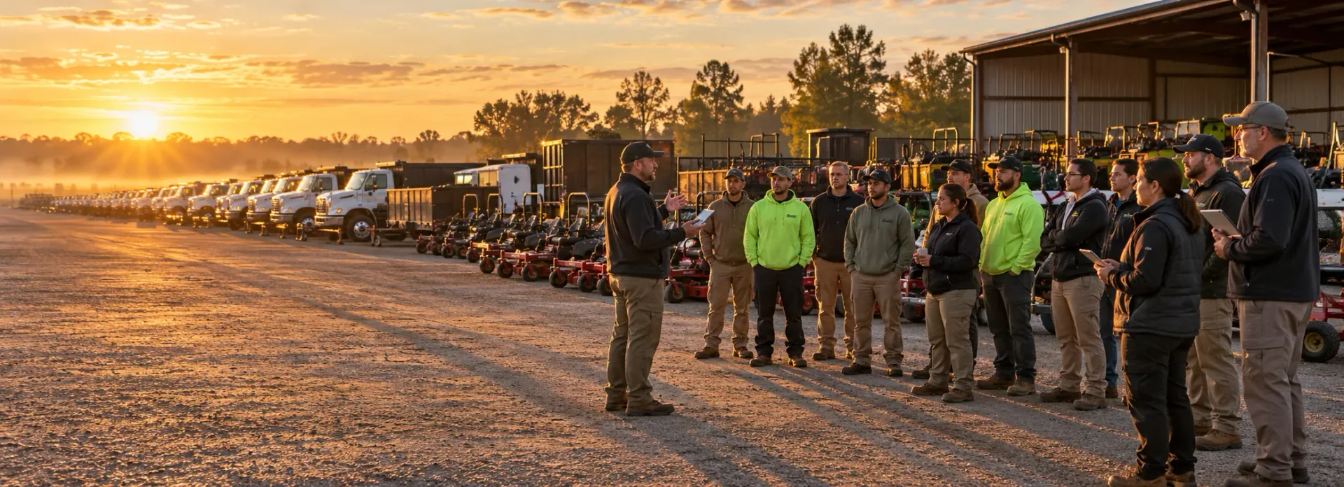 A large landscaping operation’s morning lineup: a dozen crew members and supervisors with tablets gathered before a long row of trucks and trailers in a yard at sunrise.