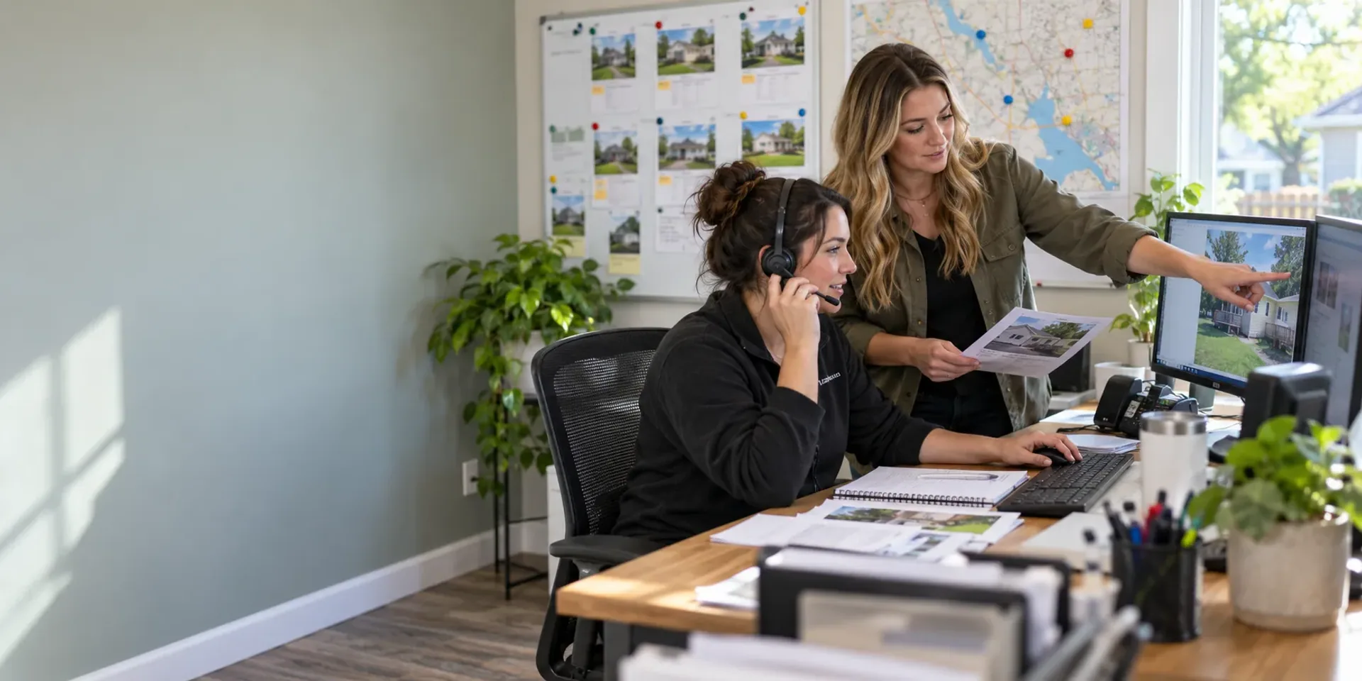 A dispatcher on a headset taking a call while a colleague points at a property photo on a monitor and holds a printed estimate, a job board and a street map on the wall.