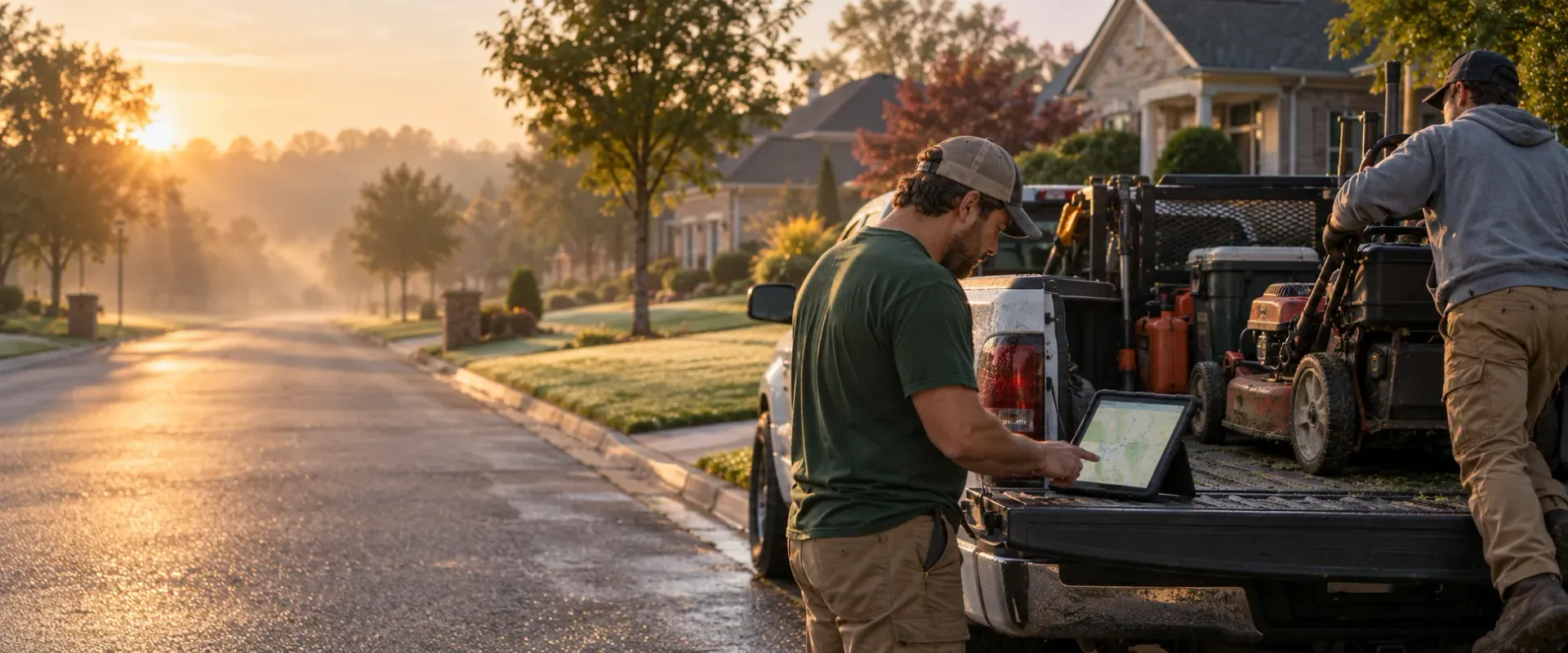 A crew lead planning a residential route on a tablet on the open tailgate of a truck at dawn while a second worker loads a mower, tidy front lawns lining the misty street.
