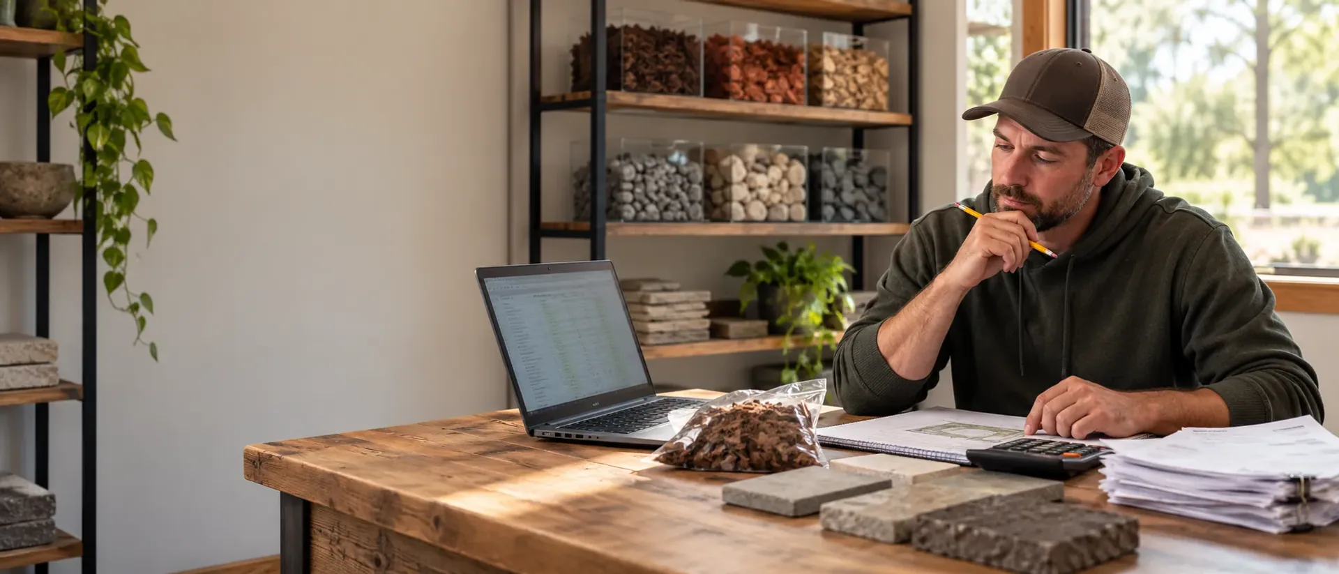 A landscape estimator at a desk with a laptop, material invoices, a mulch sample, stone samples and a calculator, weighing labor against materials.