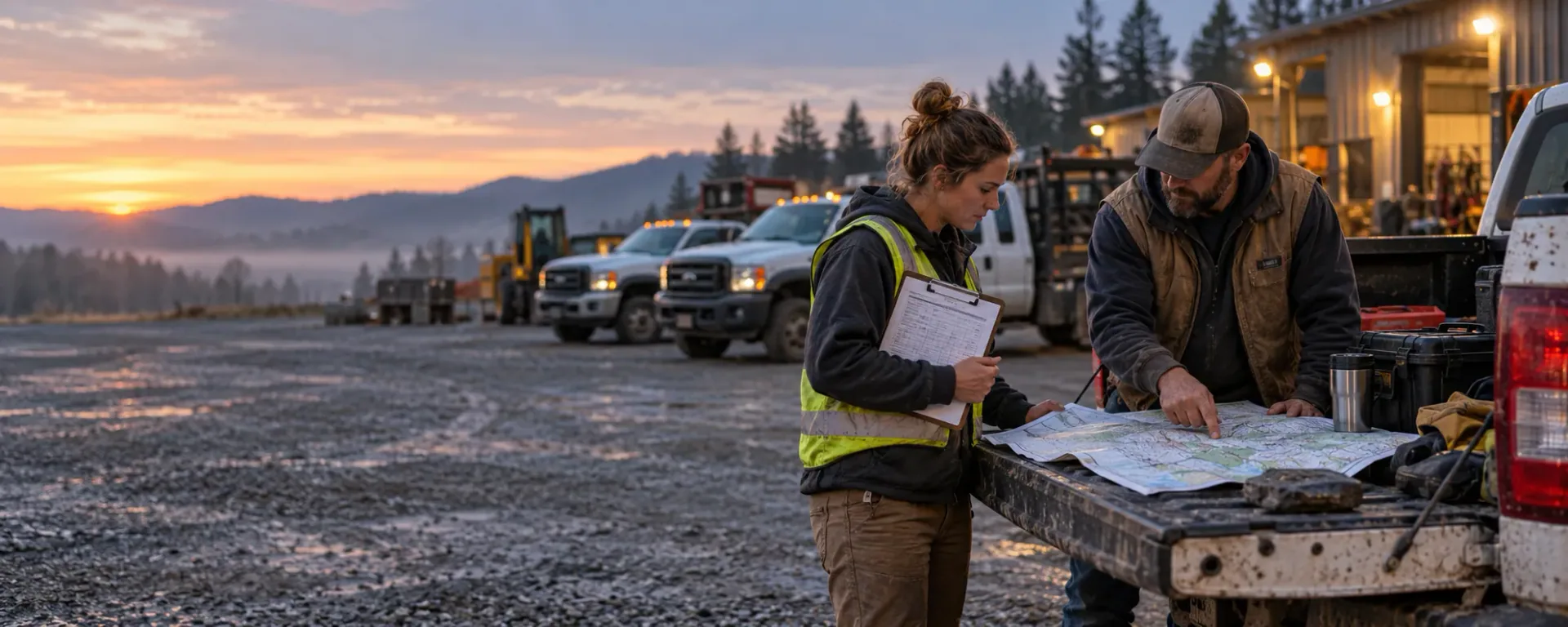 A dispatcher with a clipboard and a crew supervisor pointing at a map on the open tailgate of a work truck at dawn, three trucks lined up in the yard behind them.