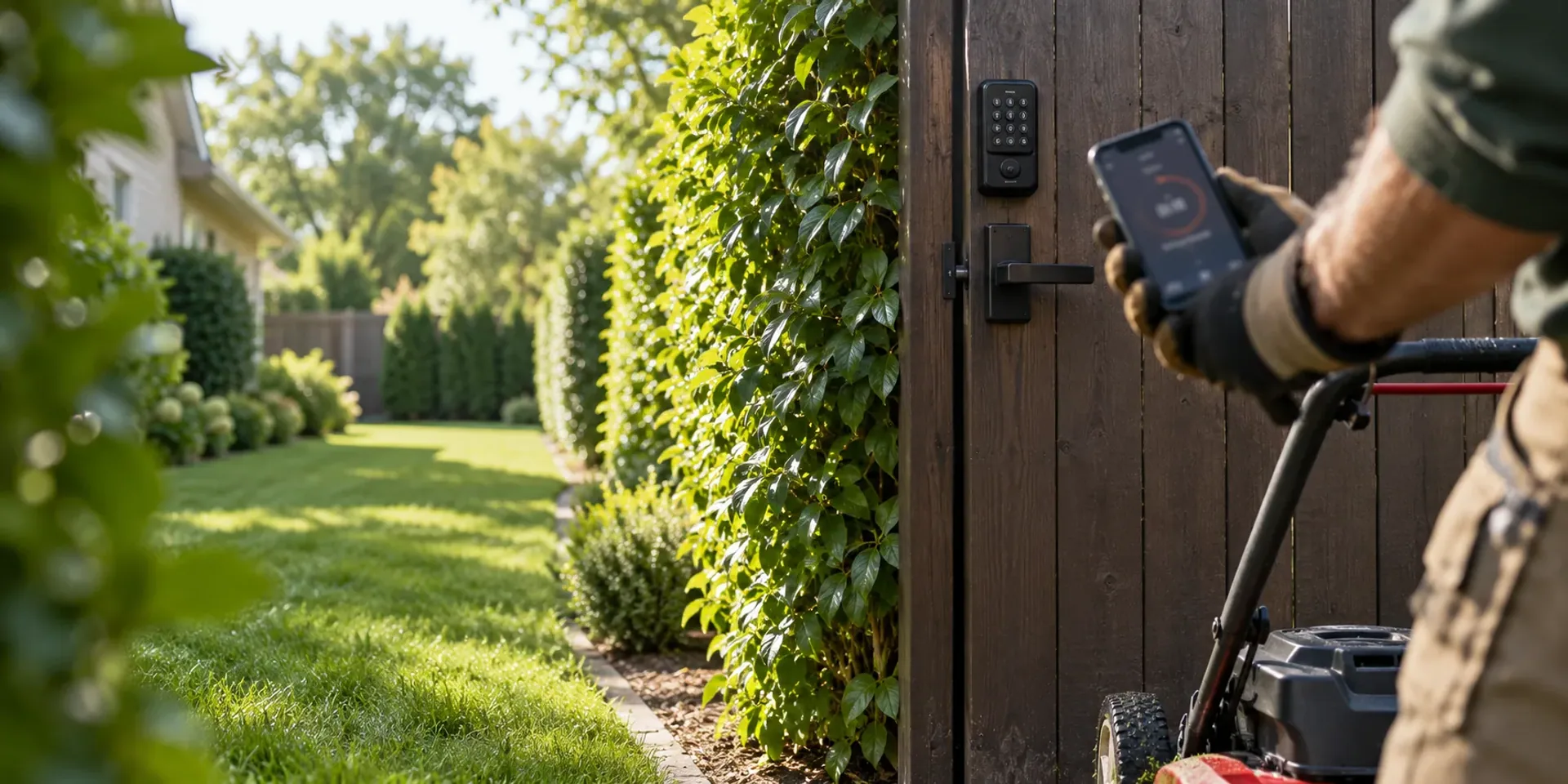 A crew member’s gloved hand holding a phone with a running timer at the keypad of a customer’s backyard gate, a push mower handle beside him.