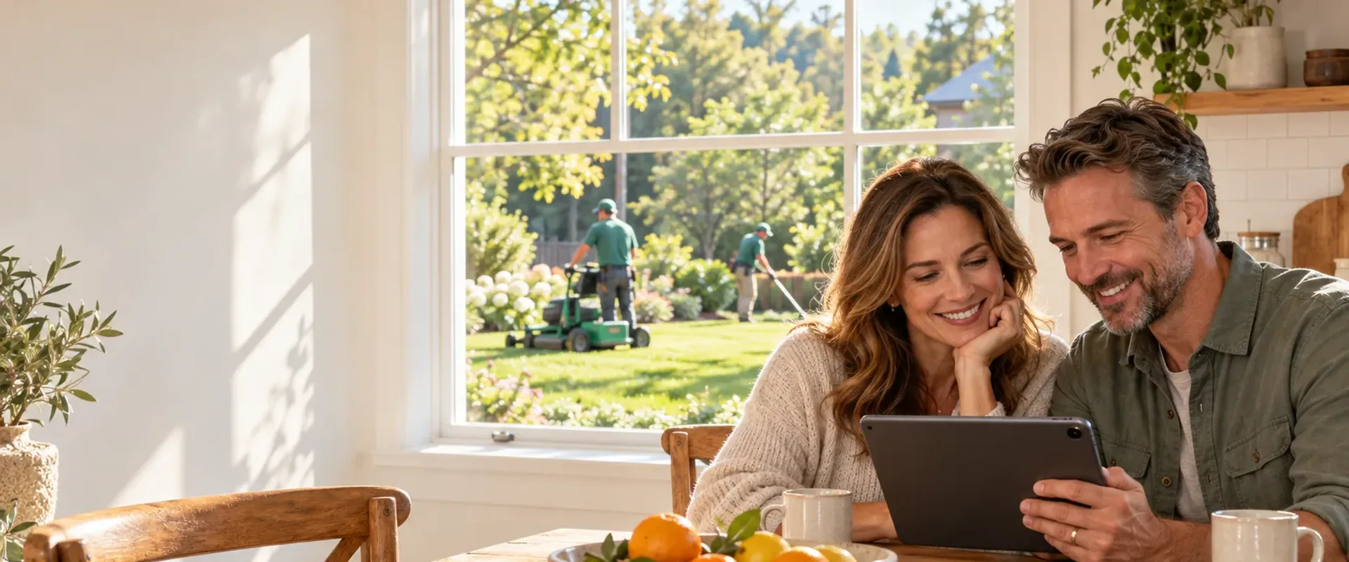 A couple at their kitchen table in the morning looking at a tablet together with coffee, while a lawn crew mows their yard outside the window.
