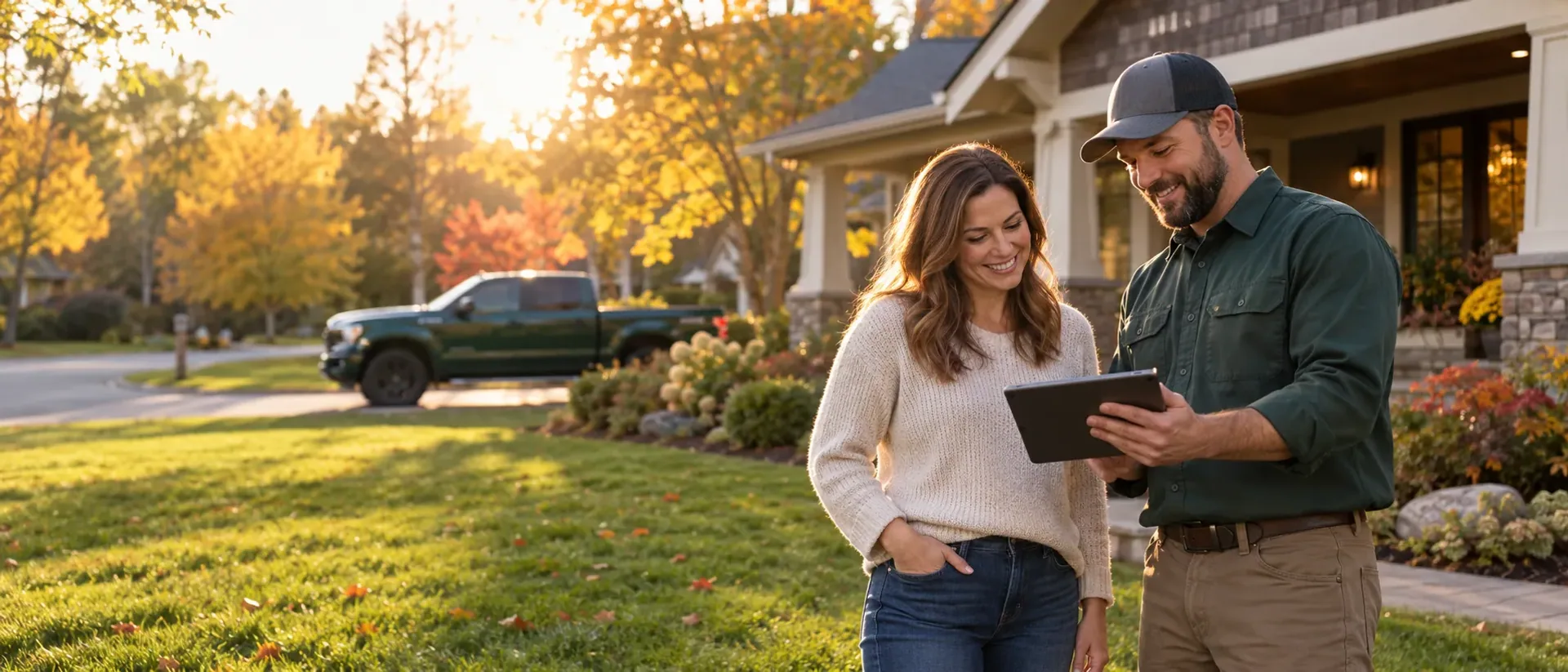 An estimator in a dark green work shirt holding a tablet out to a smiling homeowner on a front lawn at golden hour, a green truck at the curb.