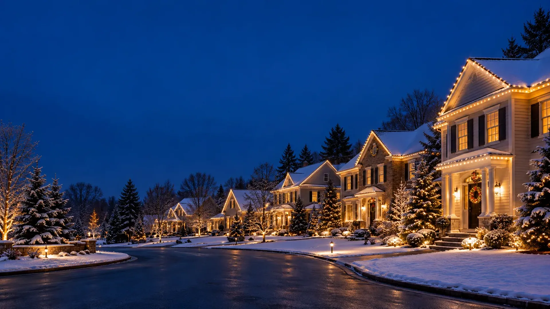 A snowy cul-de-sac of colonial houses at blue hour, every roofline outlined in warm white lights.