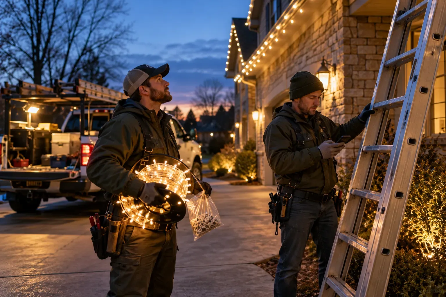 Two installers on a driveway at dusk, one holding a spool of warm-white lights, the other steadying the ladder.