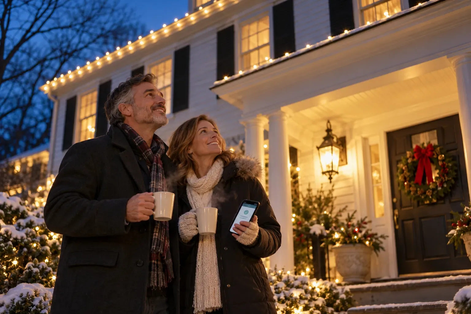 A couple on their porch with mugs of cocoa, smiling up at their newly lit roofline, one holding a phone.
