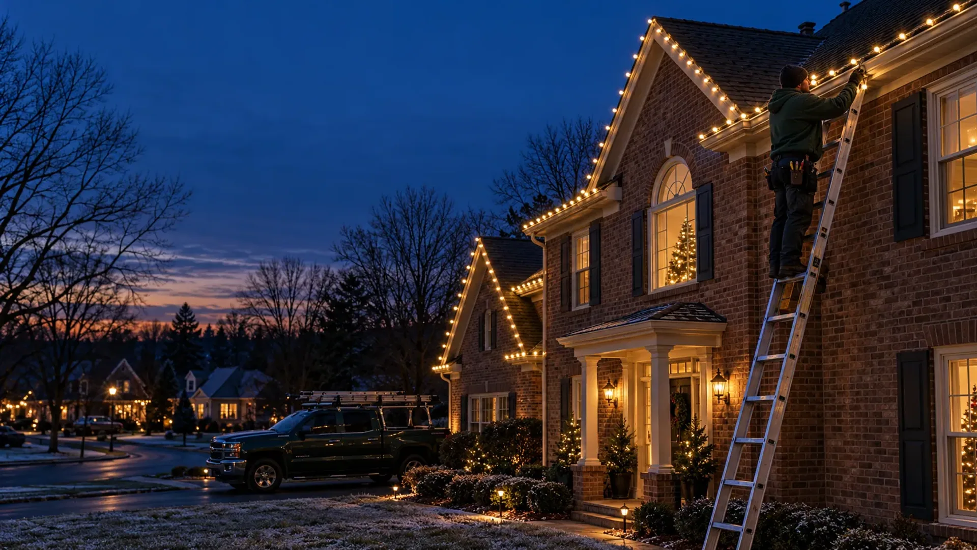 A lighting technician on a ladder clipping warm-white lights along the gutter of a brick home at blue hour, the roofline half lit.