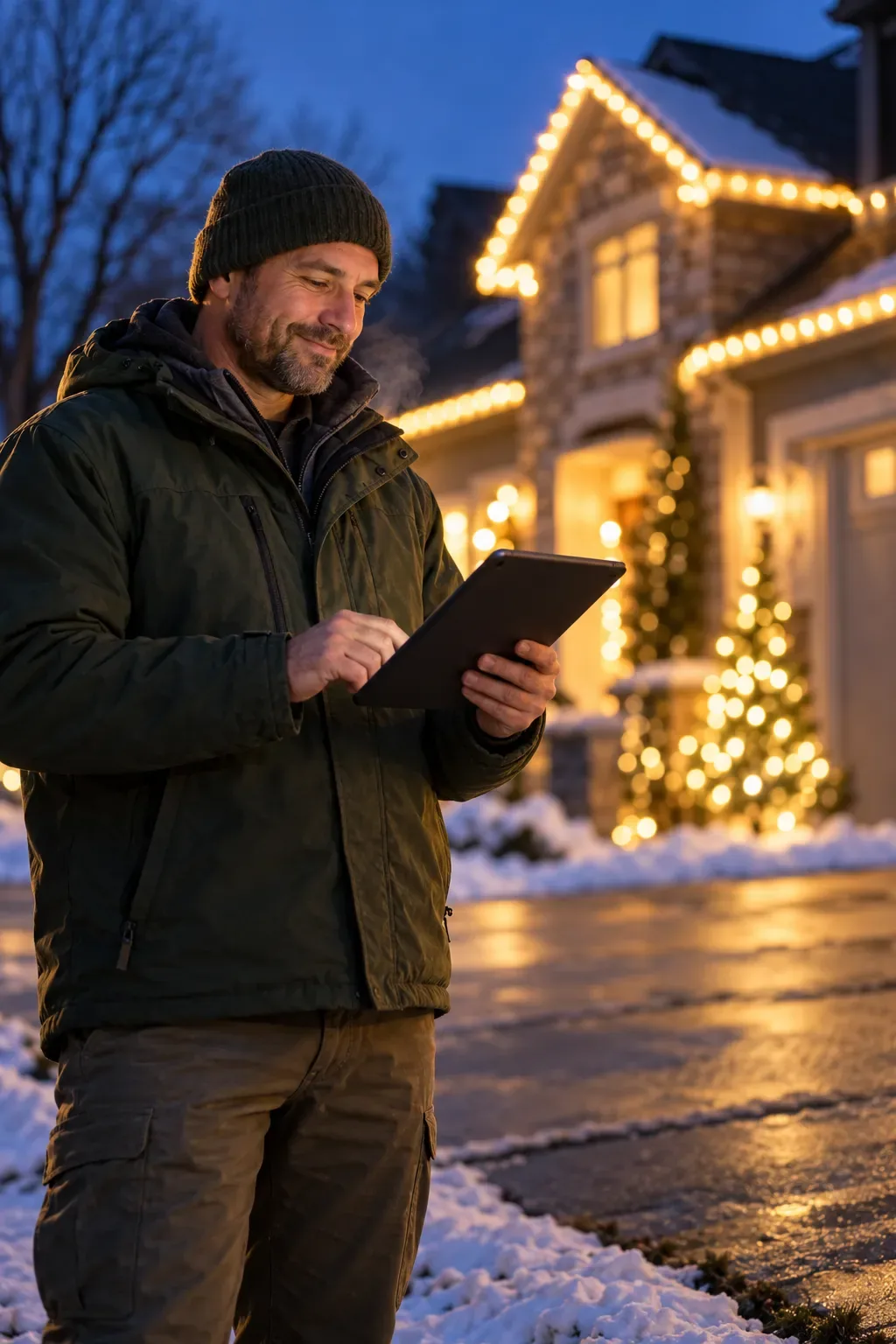 A holiday lighting company owner in a dark green jacket and beanie checking a tablet in front of a lit house on a cold evening.
