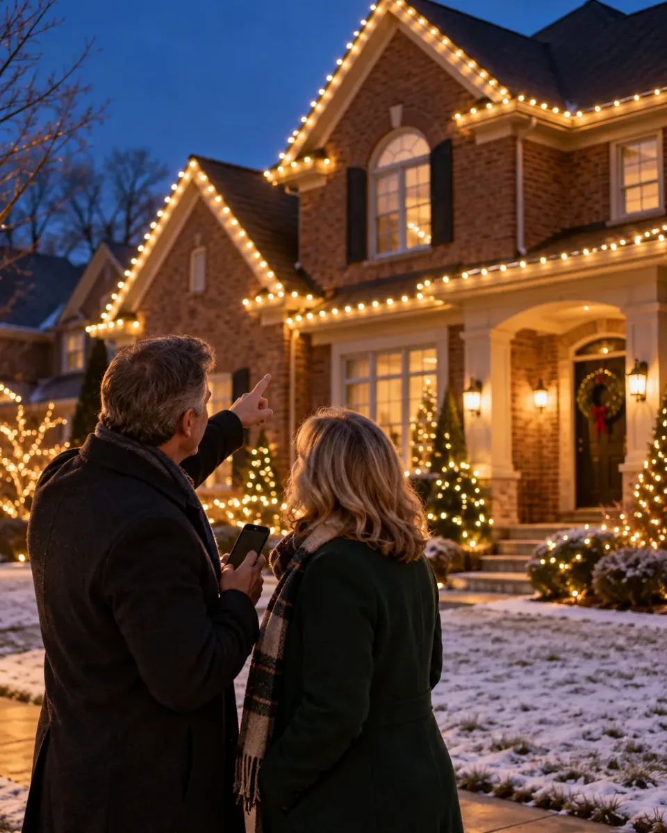 A couple in winter coats on the sidewalk at dusk looking up at a brick house outlined in warm white lights, the man pointing at the roofline while holding a phone