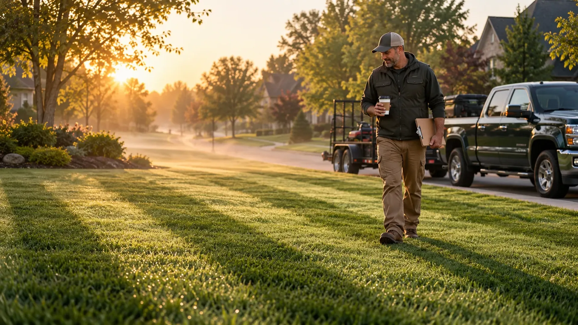 A landscaping company owner walking across a freshly striped front lawn at sunrise carrying a clipboard and a coffee, a green truck and trailer at the curb behind him.