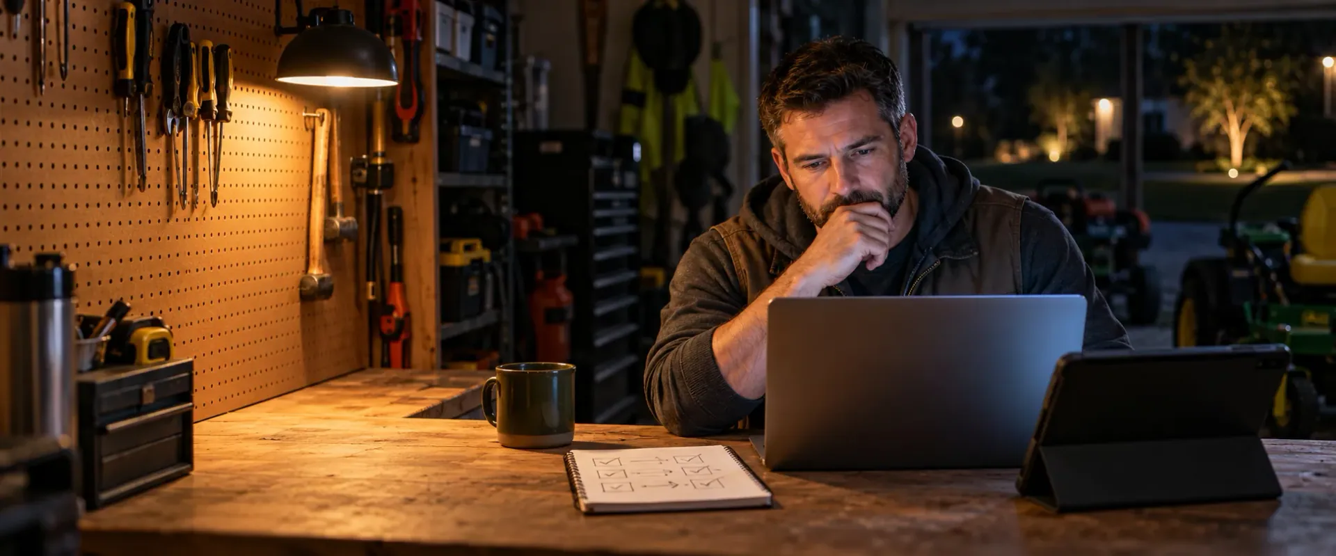 A lawn company owner at his shop workbench at night comparing software on a laptop and a tablet, a notebook with a hand-drawn grid beside him, his chin in his hand.