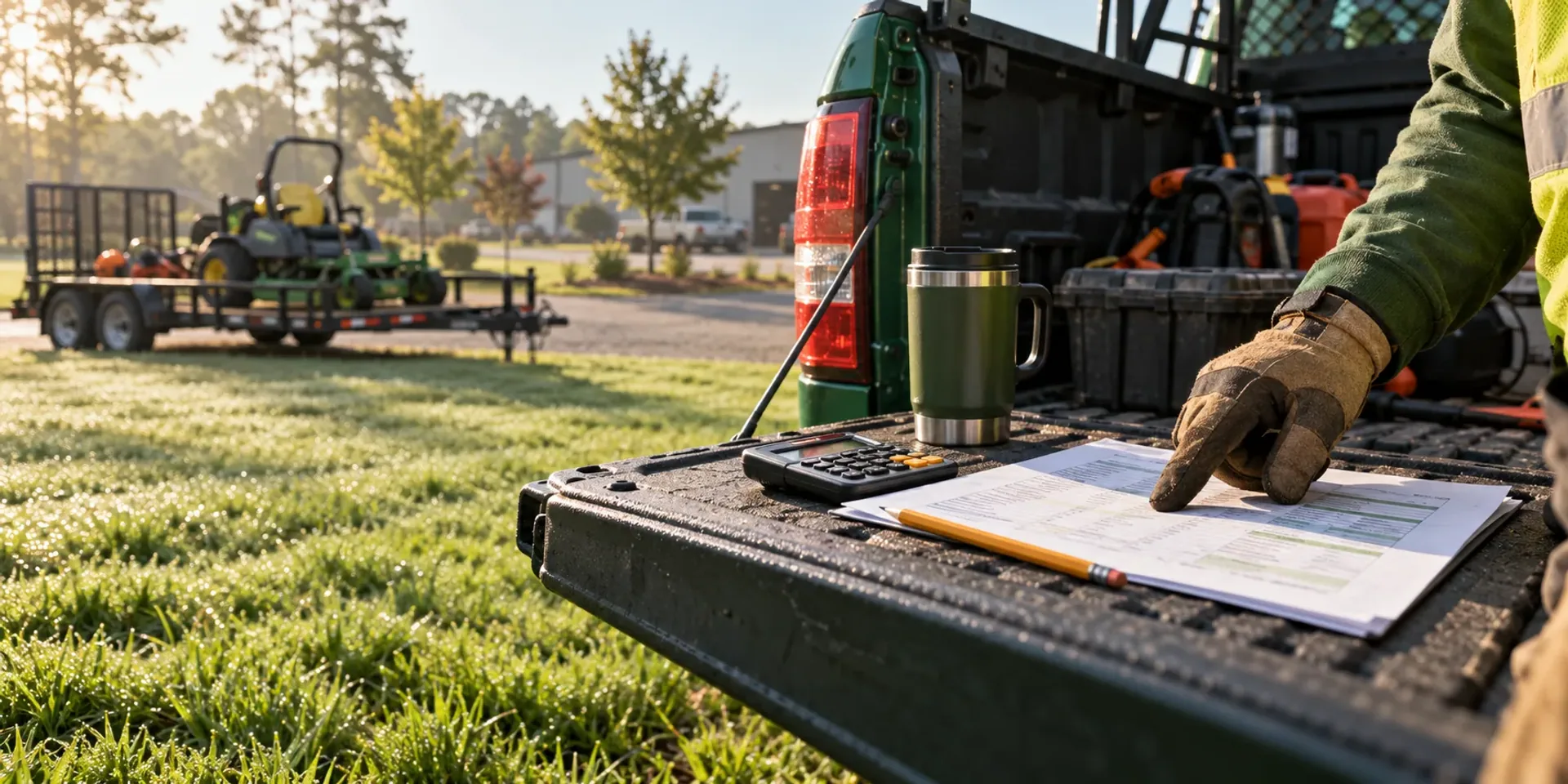 A printed route sheet and a handheld calculator on the open tailgate of a green work truck, a gloved hand pointing at a line, a mower and trailer soft in the background on a dewy lawn.