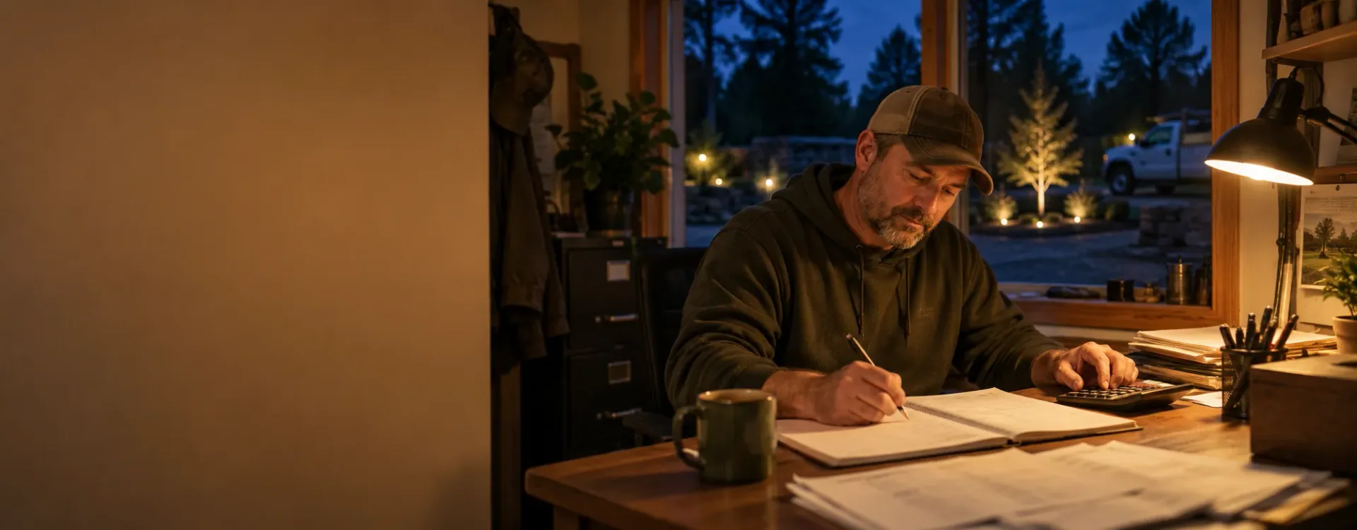 A landscaping company owner at a desk lamp late in the evening writing numbers in a ledger beside a handheld calculator and a printed worksheet, a truck and yard lights outside the window.