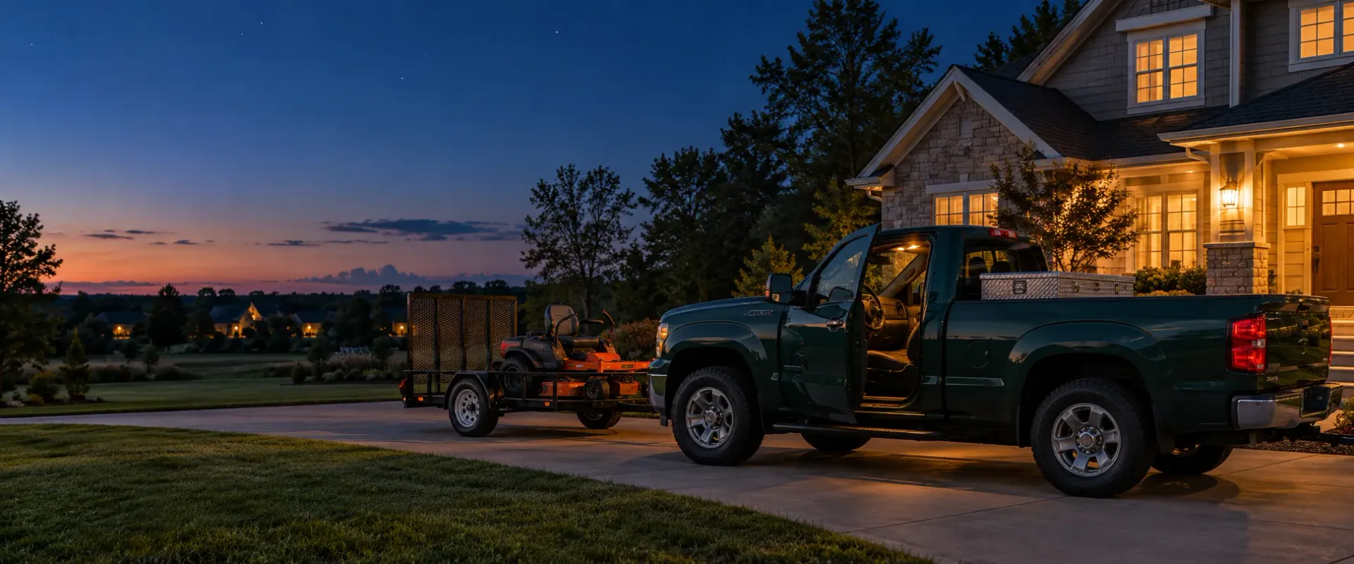 A dark green pickup with an equipment trailer parked in a driveway at dusk in front of a house, the driver's door open and the cab light glowing warm.