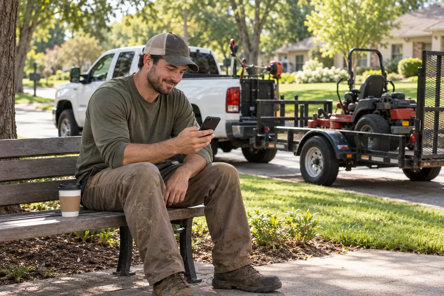 A lawn care owner on a park bench by his truck on a break between jobs, smiling at a new request arriving on his phone, a mower on a trailer behind him.