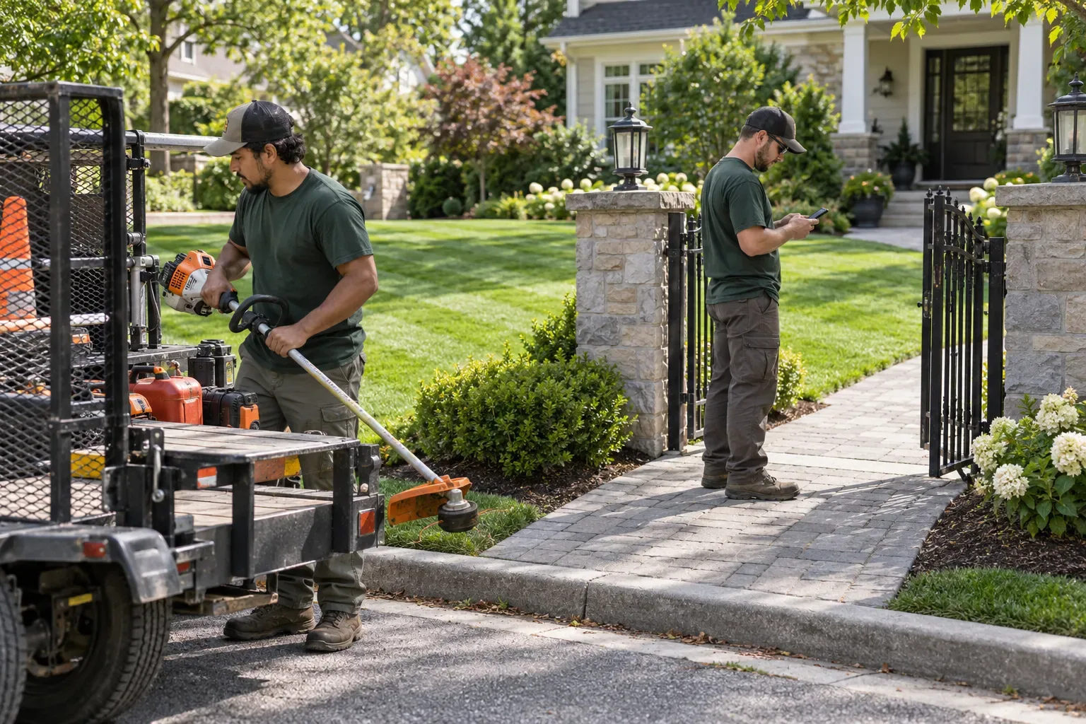 Two lawn crew members at a stop, one reading notes on his phone at a front gate, the other taking a trimmer from the trailer, a striped lawn behind them.