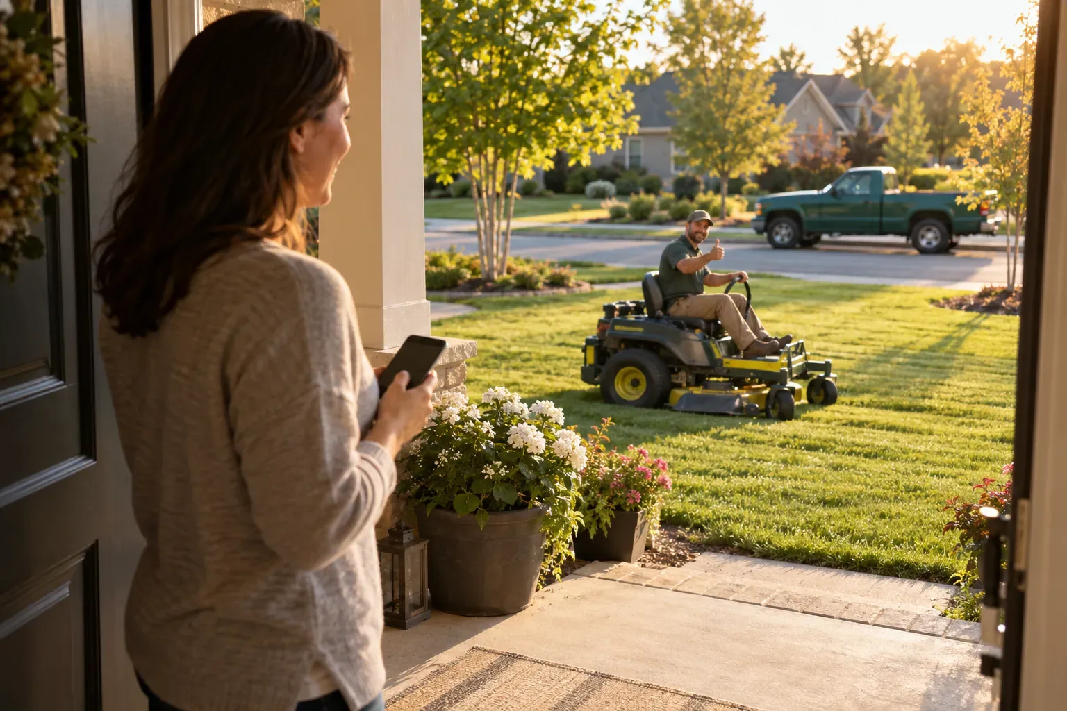 A homeowner at her open front door holding her phone, looking out at a crew finishing her lawn, a green truck at the curb.