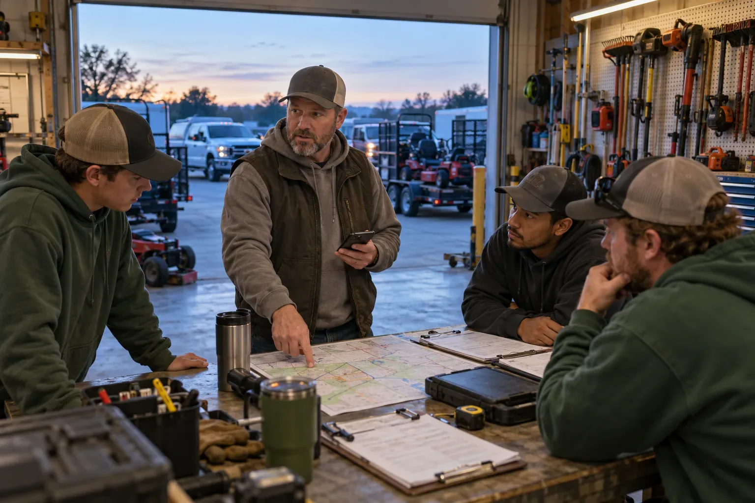 A lawn company owner at the head of his shop workbench at dawn pointing at the day's route on a phone while three crew members listen, trucks visible through the open bay door.