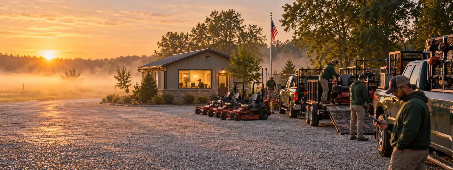 A tidy lawn company yard at sunrise: three green trucks with trailers being loaded by a crew, the shop office window glowing warm, mist low on the gravel and a flag over the lot.