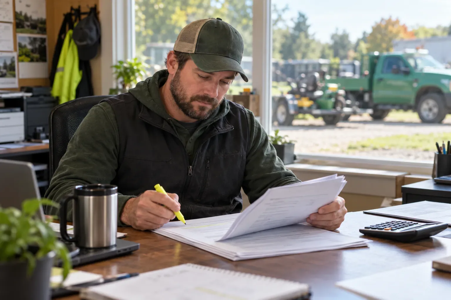 A lawn company owner at his shop desk reading a stapled multi-page offer with a highlighter, a coffee and a calculator beside him.