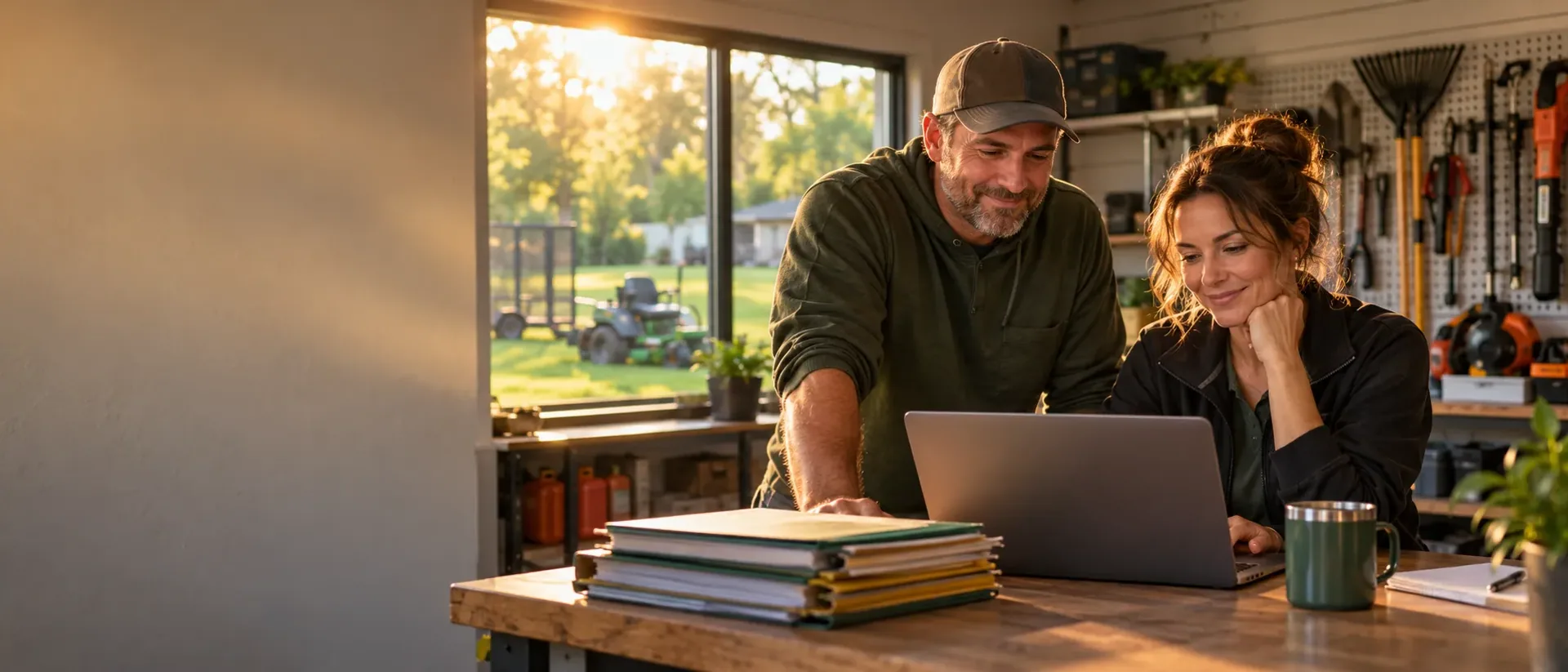 A lawn company owner and his office manager at a shop counter looking at a customer list on a laptop, a tidy stack of labeled folders and a coffee beside them.