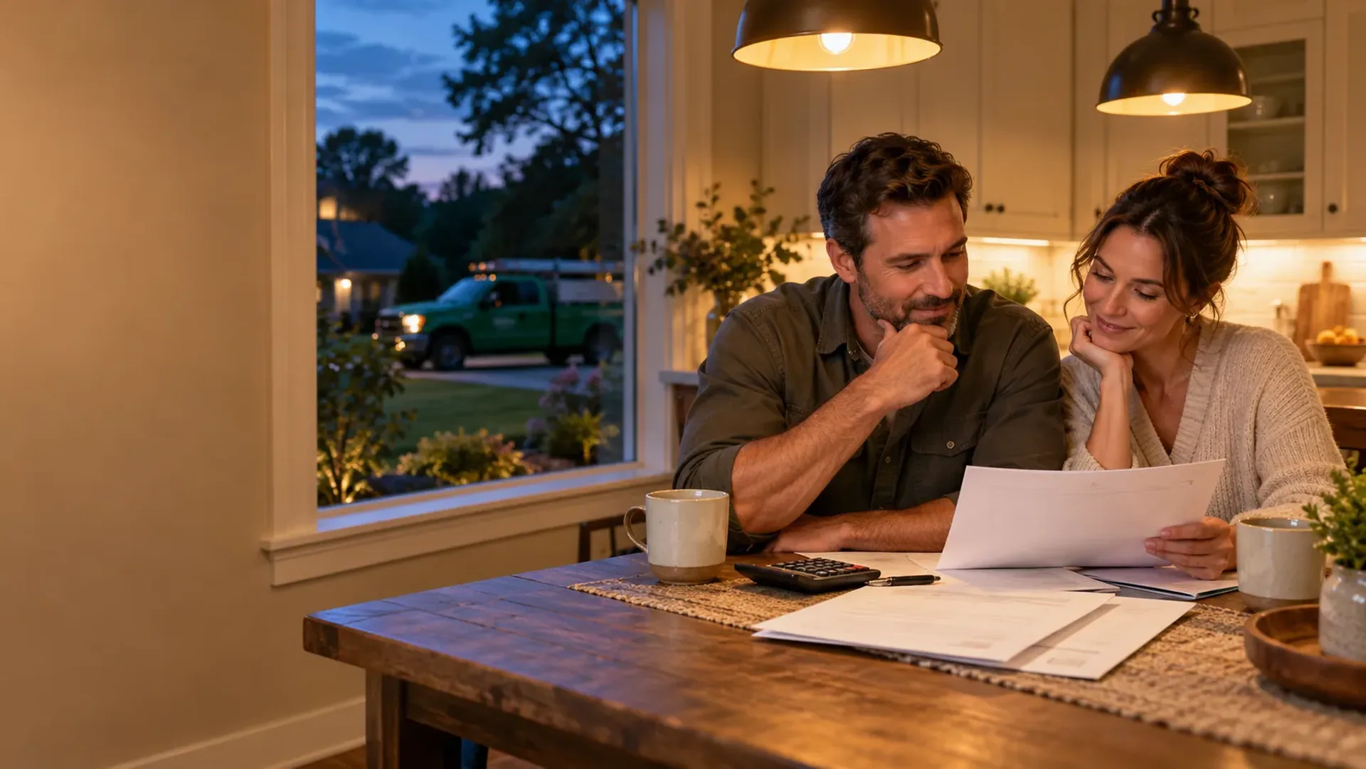 A couple at their kitchen table in the evening reviewing a printed proposal together with a calculator, a pen and mugs of coffee, a lawn and a green truck visible through the window.