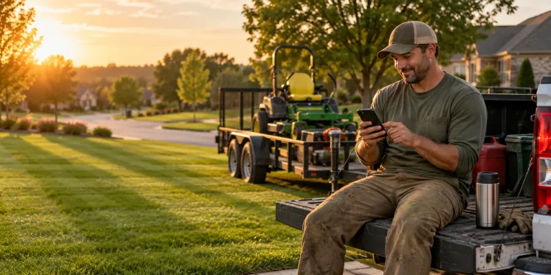 A landscaping company owner on the tailgate of his truck at golden hour, smiling at his phone, a freshly striped lawn and a mower on a trailer behind him.