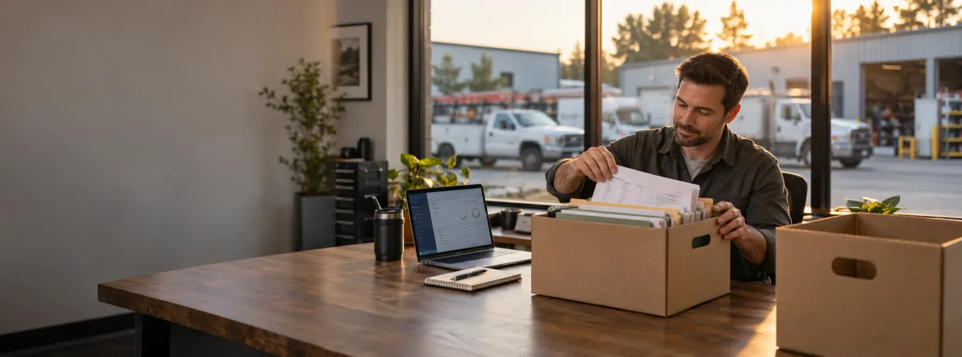 A service company owner at his shop desk carefully packing a cardboard box with labeled file folders and a printed customer list, a laptop open beside the box and a second empty box waiting.
