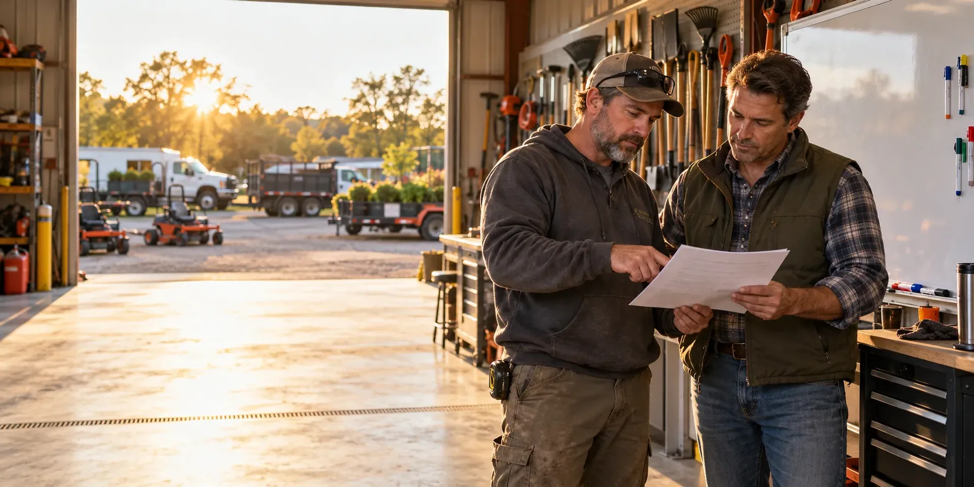 A landscaping company owner and his crew lead at the shop whiteboard reviewing a printed report together, trucks and mowers visible through the open bay door behind them.