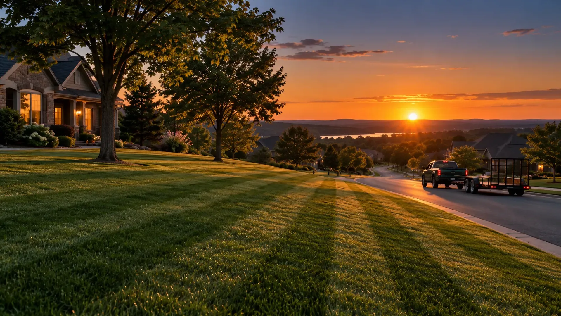 A dark green pickup and an empty trailer leaving a quiet street at sunset, past a perfectly striped front lawn.
