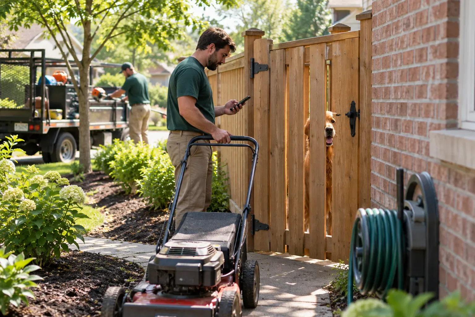 A crew member reading a note on his phone at a backyard gate before going in with a mower, a golden retriever watching through the slats.