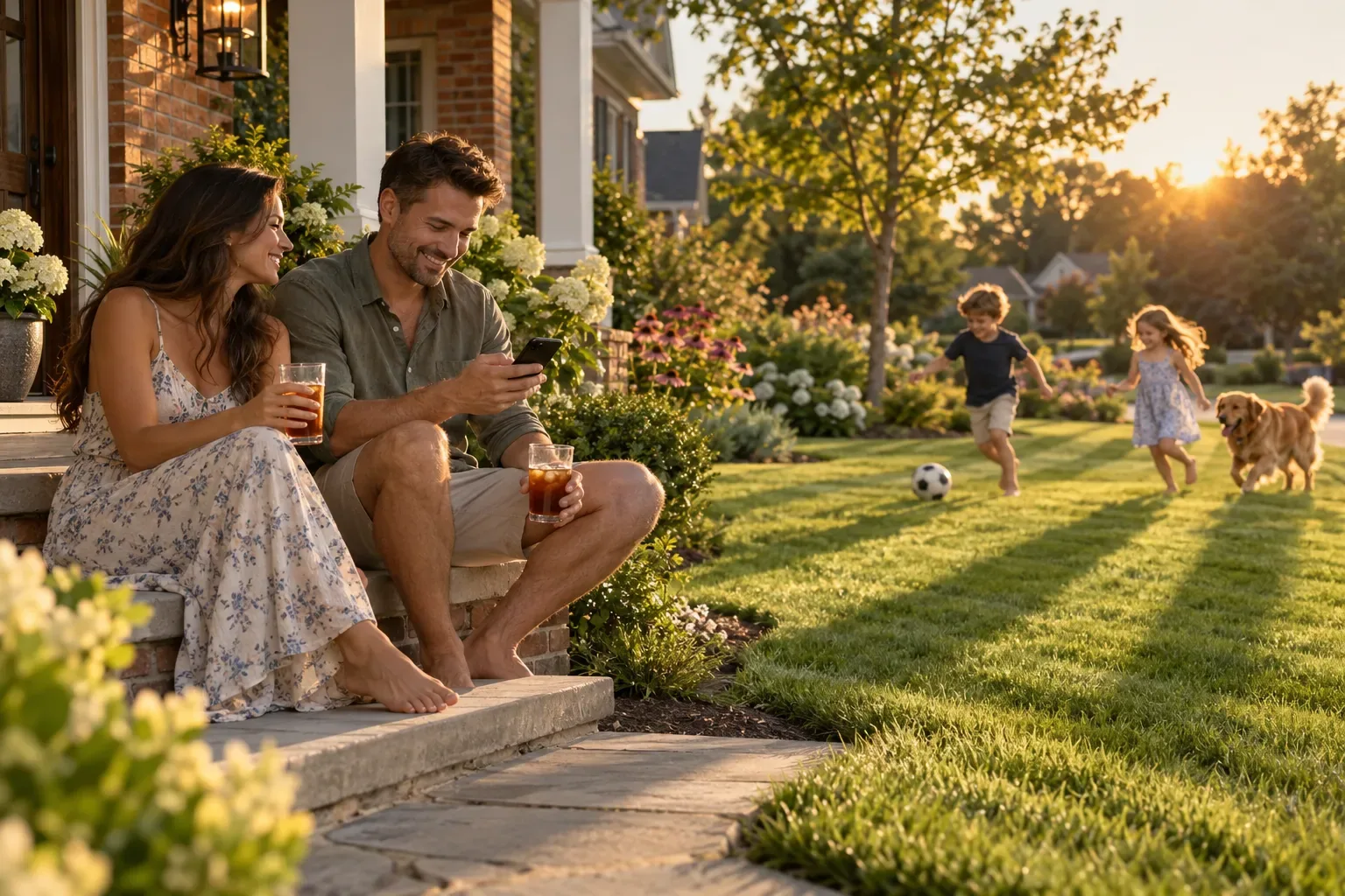 A couple on their porch steps with iced tea while their children play on a freshly striped lawn.