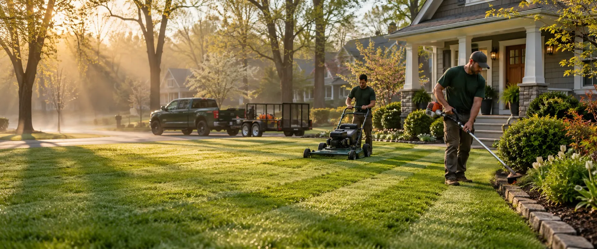 A two-person lawn crew edging a flower bed and mowing crisp stripes in front of a craftsman home at sunrise, their truck and trailer at the curb.