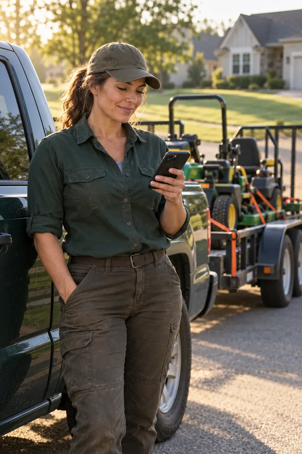 A lawn care owner in a green work shirt leaning on her truck at the start of the day, smiling at the schedule on her phone.