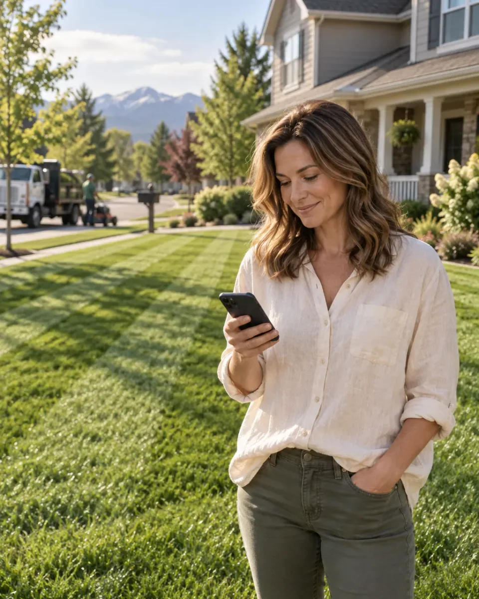 A homeowner on a freshly striped front lawn smiling at her phone, with a lawn crew and mower at the curb behind her