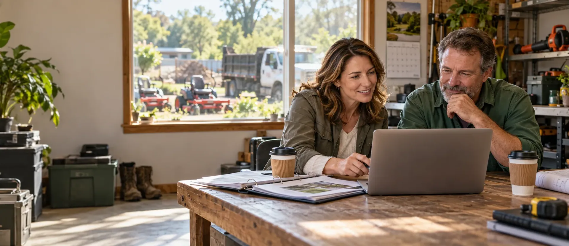 A consultant and a landscaping company owner sitting side by side at a workbench in a truck yard office, a laptop between them, mowers and a truck visible through the window.
