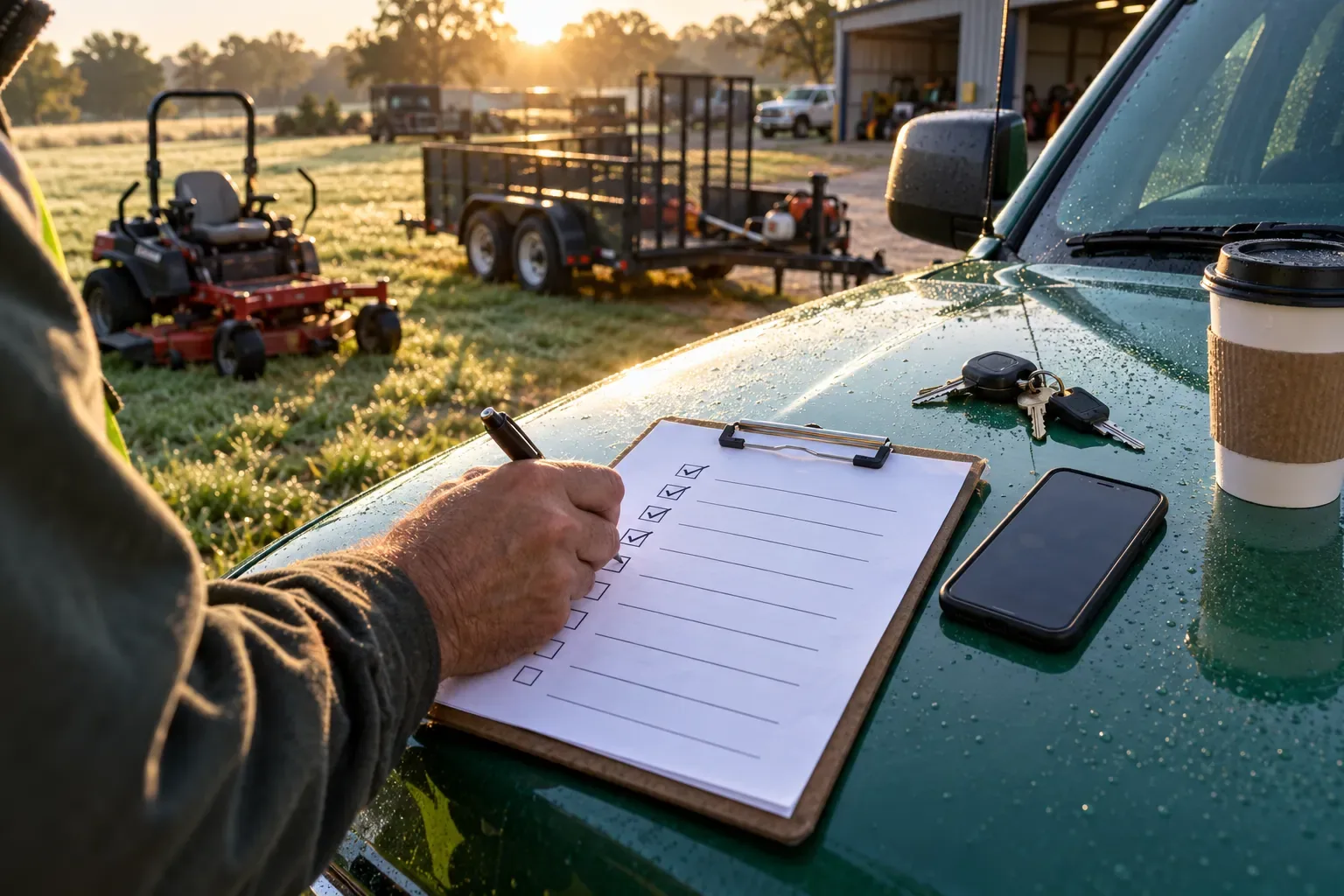A hand ticking items on a checklist on a clipboard resting on the hood of a green work truck, truck keys, a phone and a coffee beside it.