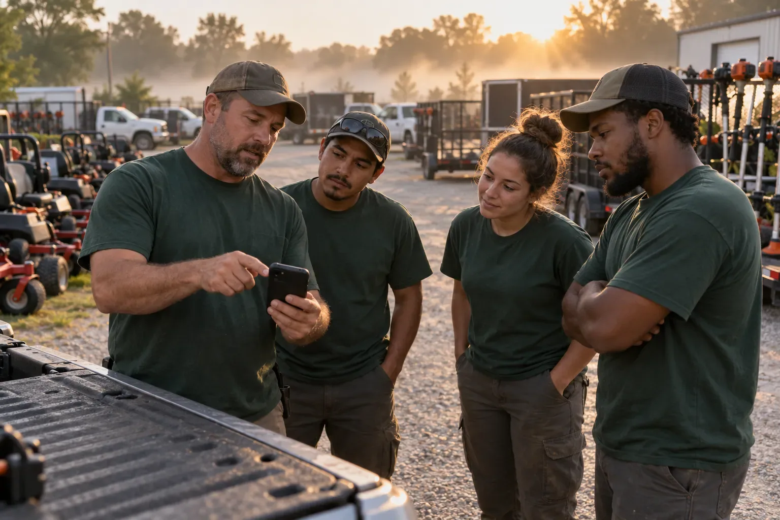 A crew lead showing a phone to three crew members in dark green work shirts gathered around a truck tailgate in the shop yard, explaining the day's route.
