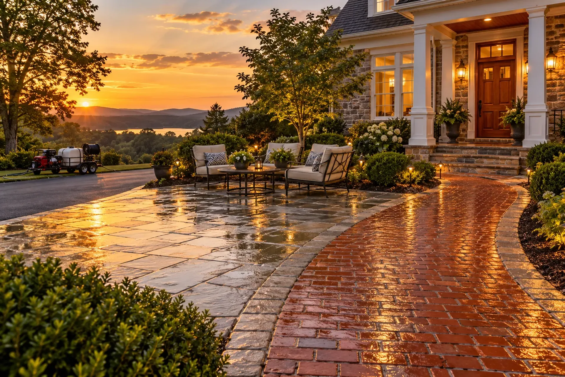 A freshly washed brick walkway and stone patio glowing in golden evening light in front of a tidy home.