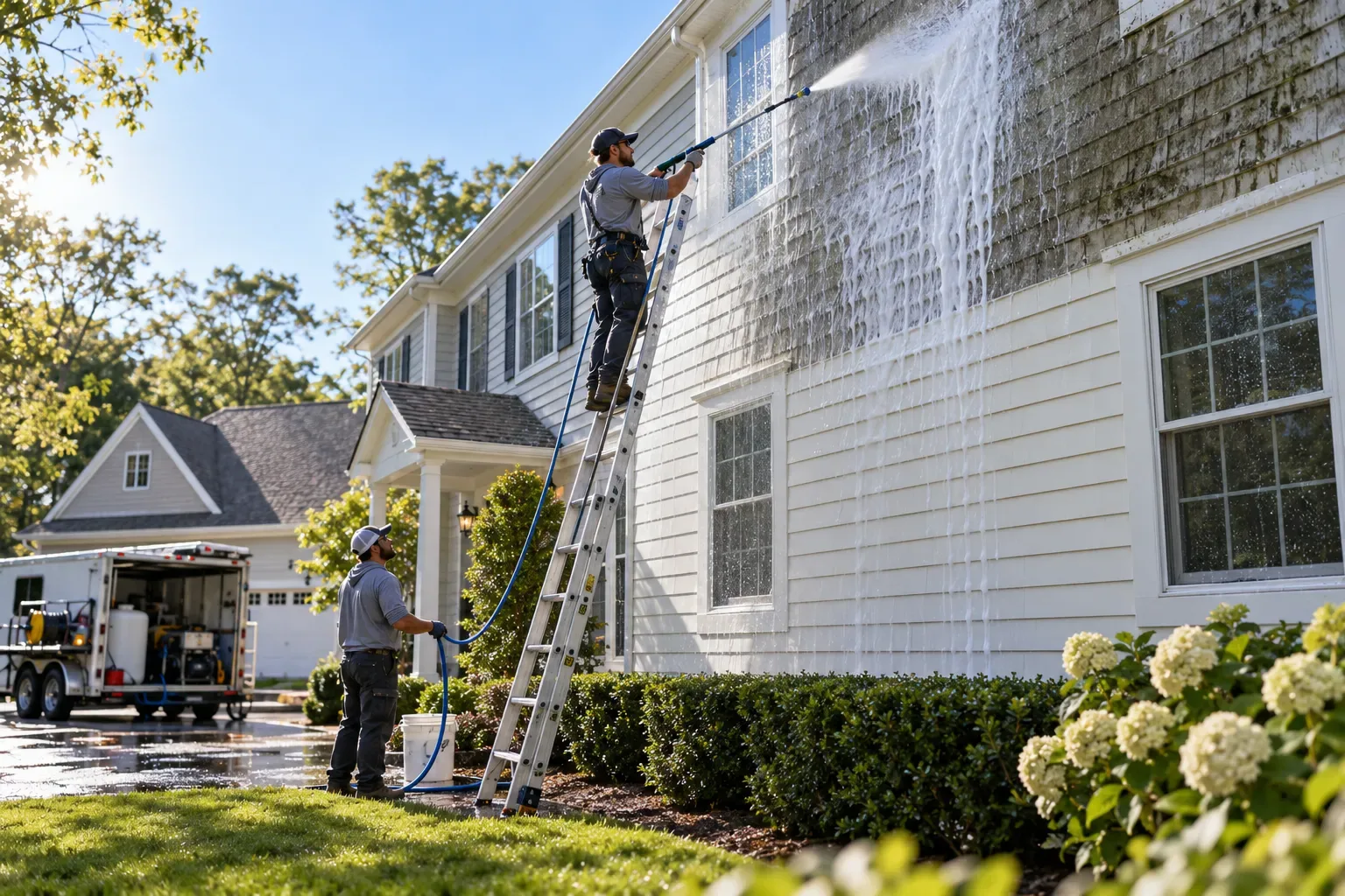 A technician on a ladder soft-washing house siding, foam running down the weathered wall above a clean section, a second worker at the base with the hose.