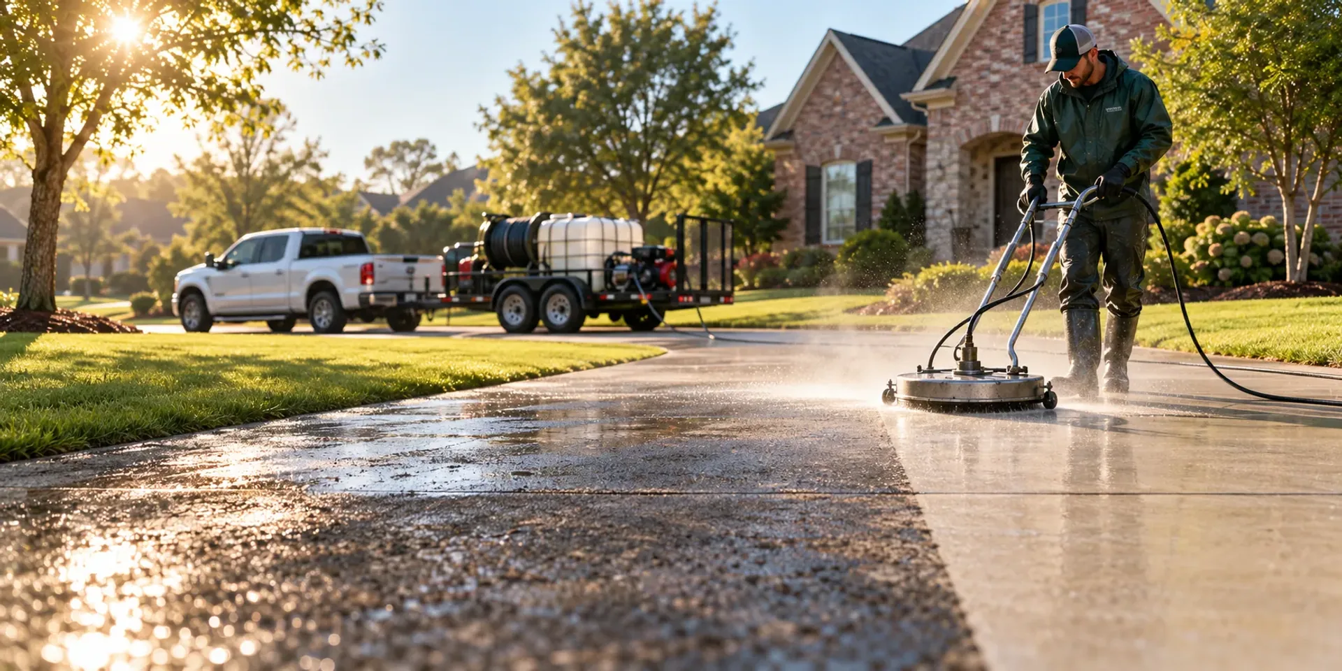 A pressure washing technician running a surface cleaner down a long concrete driveway, leaving a bright clean stripe through the weathered concrete in the morning sun.