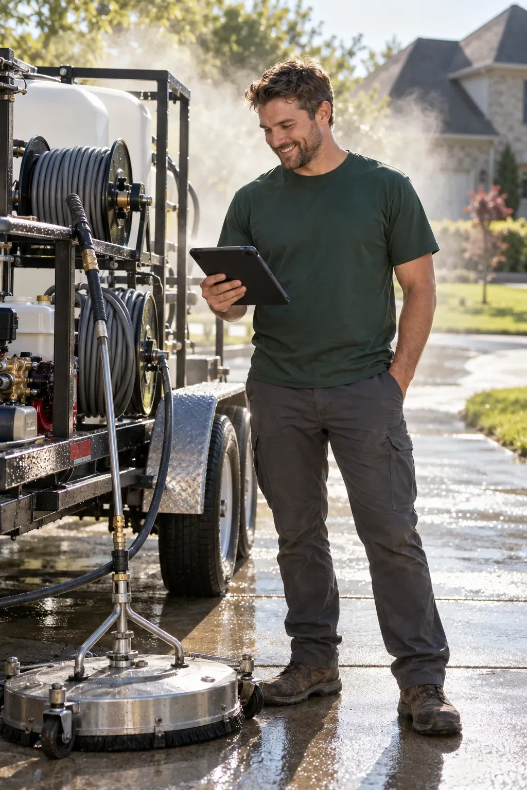 A pressure washing company owner in a dark green shirt beside his trailer, smiling at the day’s jobs on a tablet.
