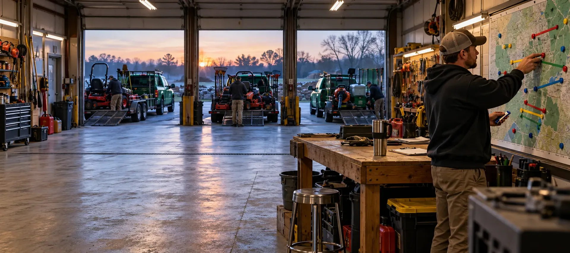A dispatcher moving colored route strips on a large wall map in a lawn company shop at dawn, three green trucks being loaded in the yard beyond the open garage doors.