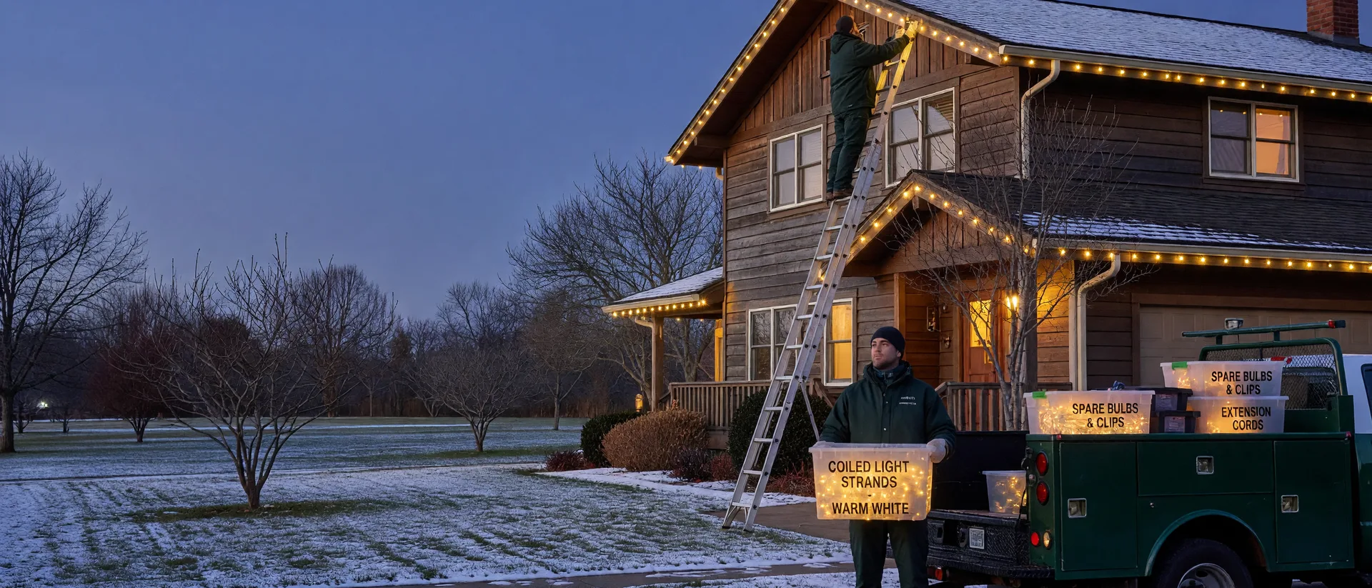 Two holiday lighting technicians at a two-story home at blue hour, one on a ladder clipping warm white lights along the roofline, the other holding a labeled bin of coiled light strands beside a green work truck loaded with more bins.